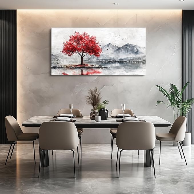 QIYILEXWART Canvas Wall Art For Living Room Wall Decor For Bedroom Office Wall Decoration Red Tree Landscape Painting Farmhouse Pictures Artwork Room Aesthetic Home Decor 20x40 In