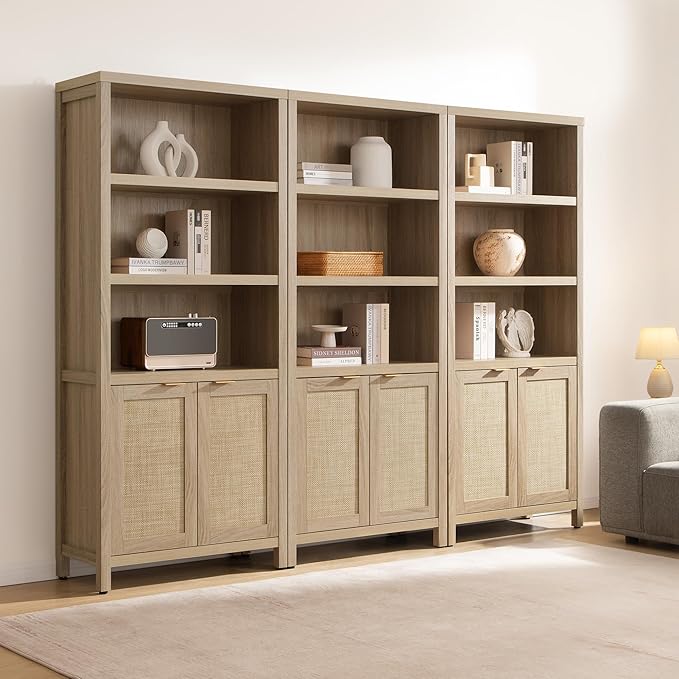 SICOTAS Bookcase 71" Tall Bookshelf 5 Tier Rattan Boho Bookcase with Doors Storage Large Book Case Shelf Farmhouse Bookshelves Library Book Shelves for Living Room Bedroom Home Office Kitchen