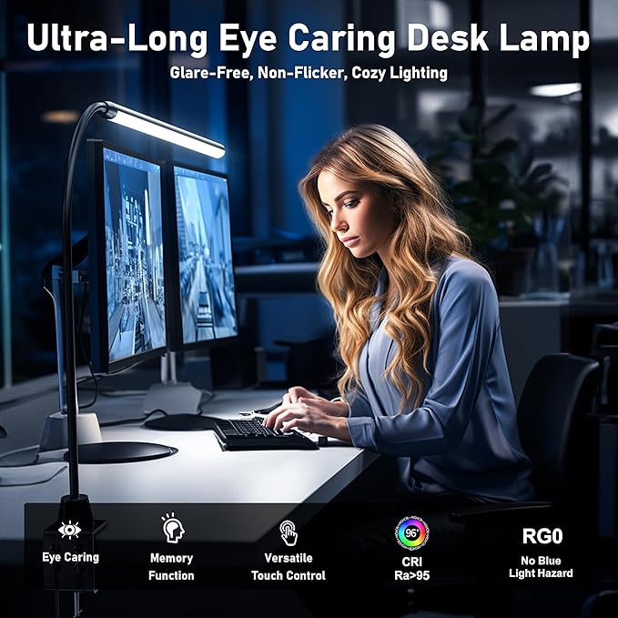 deeloop LED Clip-on Reading Light, 20" Ultra-Long Chips Bright Desk Lamp, 10%-100% Stepless Dimming & 3 Color Modes Office Lamp with 360 Head Rotation Memory Function Clamp Light