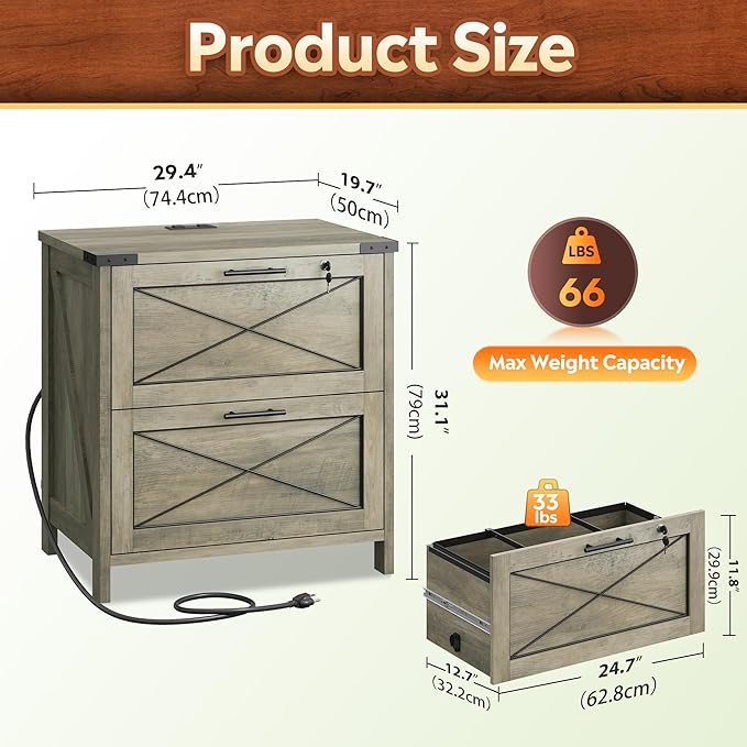 DEVAISE Lateral File Cabinet with Lock, 2 Drawers & Charging Station, Farmhouse Wood Printer Stand with Large Storage, Fits A4/Letter/Legal Hanging Files, Gray Oak