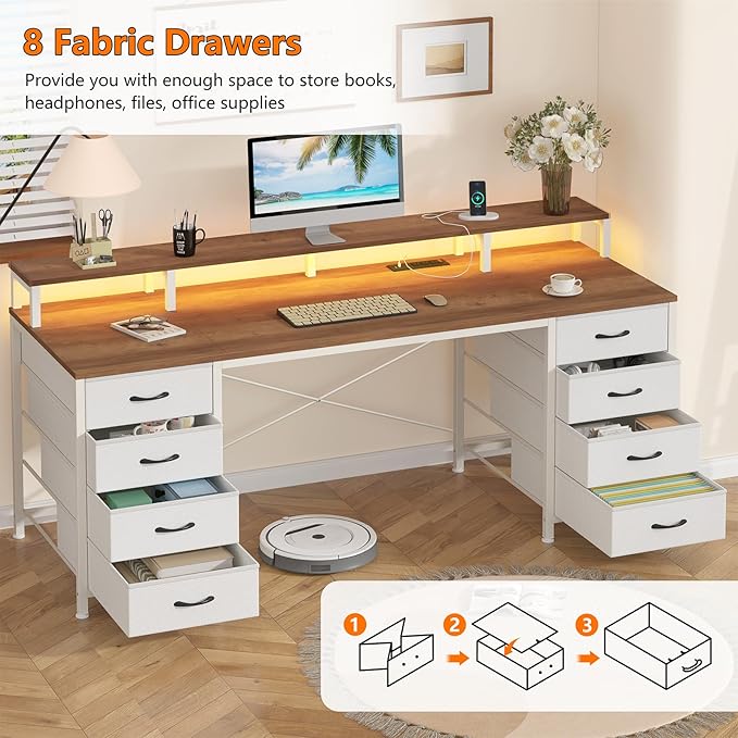 60 Inch Computer Desk with 8 Fabric Drawers, Gaming Desk with LED Lights & Power Outlets, Home Office Desk with Monitor Stand, Brown and White