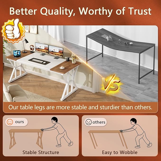 TVU Computer Desk, 55 inch Large Office Desk, Study Writing Table with Thicken Frame, Gaming Desk, Modern Simple Desk for Home Office, Brown/White