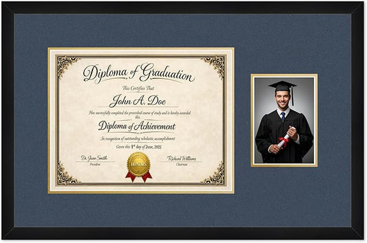 Diploma Frame With Photo Opening Matte Black Navy Blue Over Gold Mat - Fits 14 x 11 Degree and Picture Made in the USA