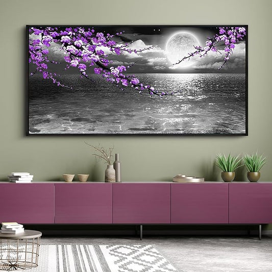yiijeah Large Paintings for Living Room - Purple Wall Decor Plum Blossom Moon Ocean Canvas Picture Framed Artwork Black and White Seascape Wall Art Home Bedroom Decoration
