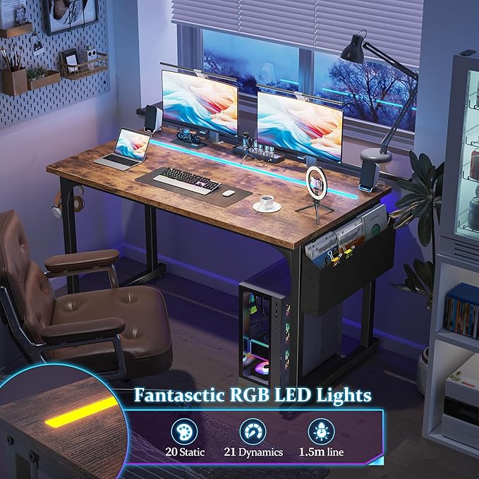 48 Inch Computer Desk with LED Lights, Office Desk for Home Office, Study Desk Writing Table with Storage Bag, Headphone Hook, Rustic Brown