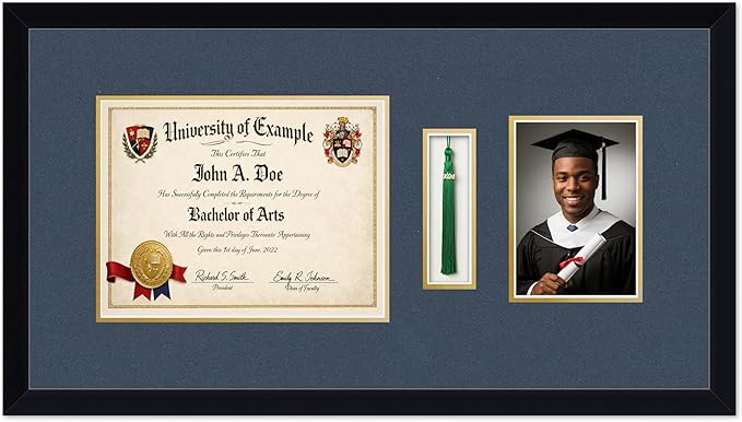 CountryArtHouse Diploma Tassel and Photo Shadowbox Fits 11 x 8.5 US Letter Certificate with Tassel Ho Matte Black Genuine Hardwood with Navy Blue Over Metallic Gold Double mat