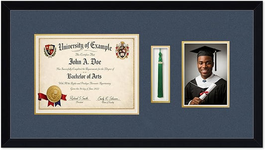 CountryArtHouse Diploma Tassel and Photo Shadowbox Fits 11 x 8.5 US Letter Certificate with Tassel Ho Matte Black Genuine Hardwood with Navy Blue Over Metallic Gold Double mat