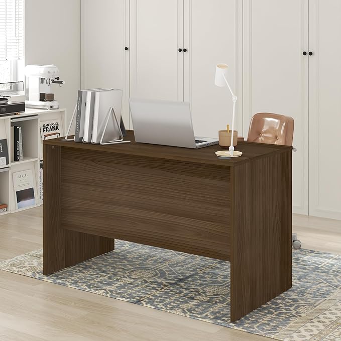 Furinno Roger Computer Desk, 47 Inch Rectangular Executive Desk with Modesty Panel, Home Office Desk with Thick Tabletop, Desk Cord Grommet, Scratchproof, for Home Study, Office, Modern Walnut