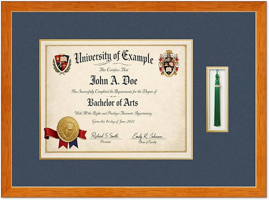 Diploma and Tassel Frame Fits 14 x 11 College Diploma (Modern) with Tassel Hoo Honey Oak Genuine Hardwood Shadowbox with Navy Blue Over Metallic Gold Double mat