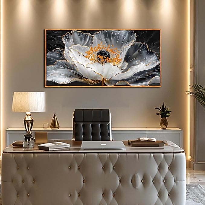 Gold Wall Art White Wall Pictures Beautiful Flower Wall Decorations for Living Room Black Artwork 24"x48" Art for Home Office
