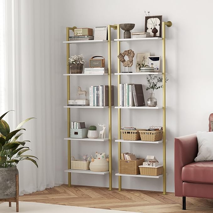 5-Tier Bookshelf - Solid Wood Narrow Bookcase Set of 2, Wall Mount Ladder Shelf, Storage Rack for Living Room, Bedroom, Bathroom, White and Gold