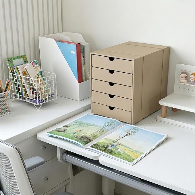 Modern Steel 5-Drawer File Cabinet For Desk, Document Storage Box, Office Desktop Filing Organizer, Drawer Organizer, desk caddy (Milktea)