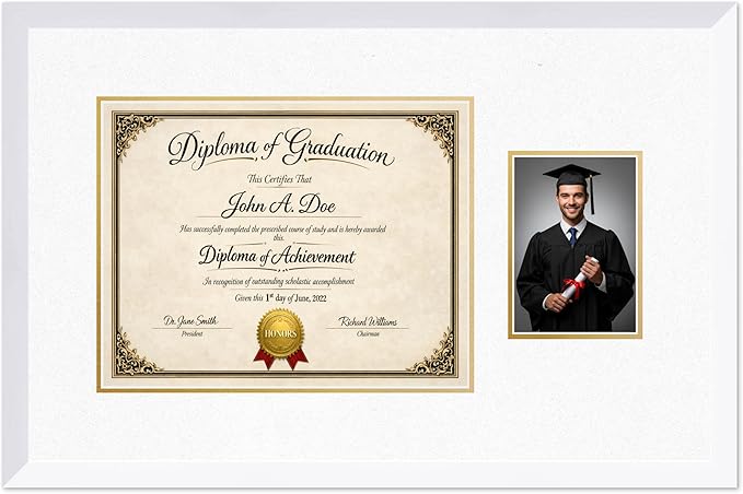 Diploma Frame With Photo Opening Bright White Oyster Shell Over Gold Mat - Fits 14 x 11 Degree and Picture Made in the USA