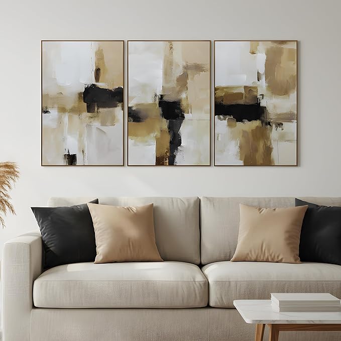Neutral Abstract Textured Framed Canvas Wall Art Set, Minimalist Wall Decor Modern Art Prints, Black Brown Wall Painting Artwork for Living Room,Bedroom,Dining Room,Office, 16"x24"x3