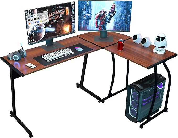 SUPER DEAL L-Shaped Corner Desk Computer Gaming Desk - 58 Inch Modern Home PC Table Office Writing Workstation, Bright Walnut