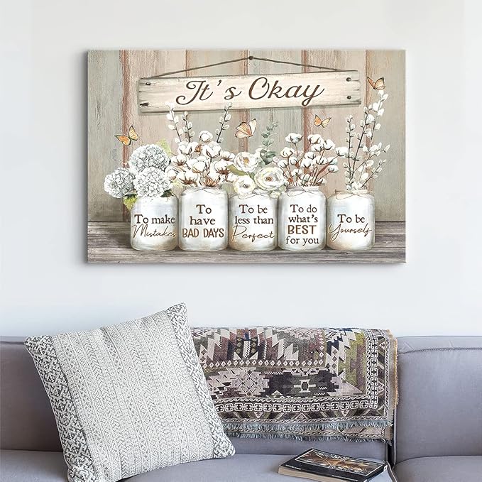 Parylore Floral Farmhouse Wall Art Canvas Encouraging Bible Verse On Marson Jars and Butterfly Print Wall Decor It's Okay Inspirational Quotes Picture Framed for Bedroom Decor 12x16 In