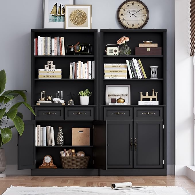 70.1" Tall Bookshelf with Drawers & Cabinet, 5-Tier Floor Standing Bookcase with Storage Doors, Adjustable Shelves & Metal Handles, 31.5" Wide Organizer for Home Office, Living Room