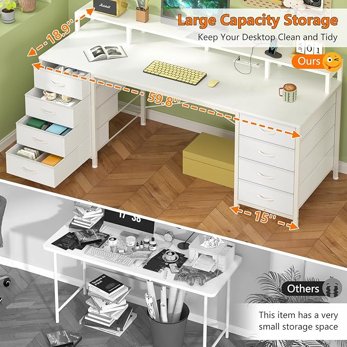 60 Inch Computer Desk with 8 Fabric Drawers, Gaming Desk with LED Lights & Power Outlets, Home Office Desk with Monitor Stand, White