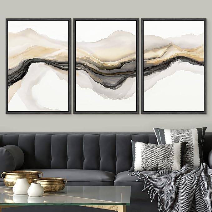 SIGNWIN Framed Canvas Print Wall Art Set Gold Gray Smoke Wave Landscape Abstract Shapes Illustrations Modern Art Decorative Contemporary Colorful for Living Room, Bedroom, Office - 24"x36"x3 Black