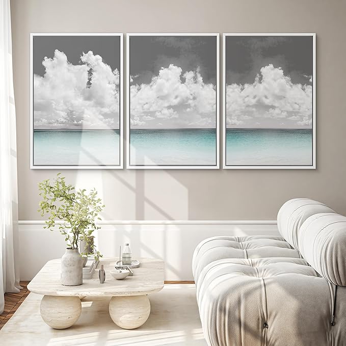 SIGNWIN 3 Piece Framed Canvas Wall Art Clouds Above The Blue Ocean Nature Wilderness Illustrations Abstract Traditional Relax/Calm Home Artwork Decoration for Living Room,Bedroom - 24"x36"x3 White