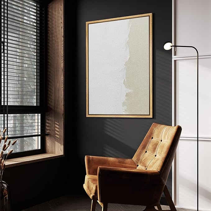 SIGNFORD Framed Canvas Print Wall Art Duotone White Tan Grunge Paint Stroke Abstract Shapes Illustrations Modern Art Decorative Boho Relax/Zen Nordic for Living Room, Bedroom, Office - 16"x24" NATURAL