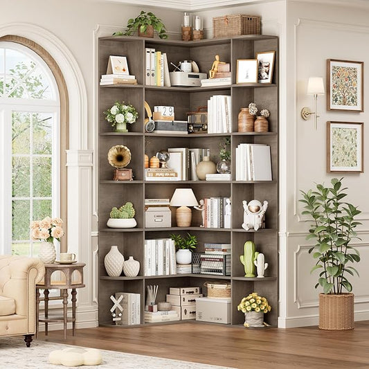 FOTOSOK 74” Tall Corner Bookshelf, 6-Tier Bookshelf and Bookcase with Open Storage, Tall Bookcases Wooden Storage Shelves for Home Office, Thickened Boards for Better Load Bearing, Vintage Grey