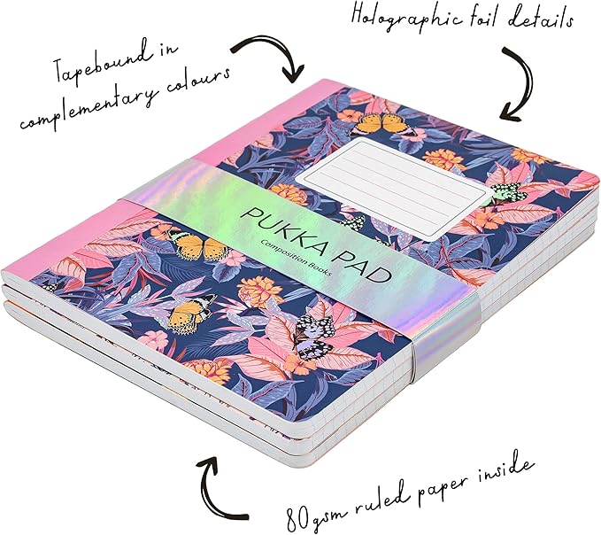 Pukka Pad, Composition Notebooks - 3 Pack of Journals Featuring 140 Pages of College Ruled 80GSM Paper with Sturdy Cover Stock - 9.75 x 7.5in - Bloom