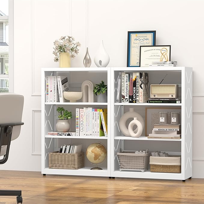 3 Tier Bookshelf, 34"Tall Metal Bookcase with Adjustable Shelves, Modern Display Book Shelf, White Bookcase Shelf, Utility Shelf, Storage Shelves for Office, Living Room, Kitchen, Study-23"W