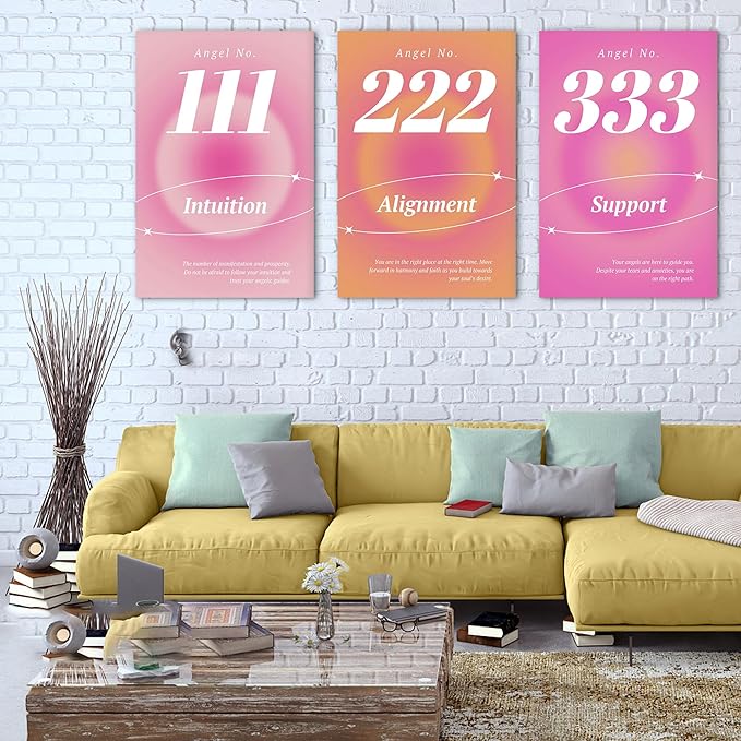 Colorful Gradient Aura Angel Numbers Poster Canvas Print Artwork Room Decor for Bedroom Aesthetic, 3 Piece Framed Inspirational Minimalist Art Paintings Decor for Bedroom Office 24"x36" x 3 Pcs