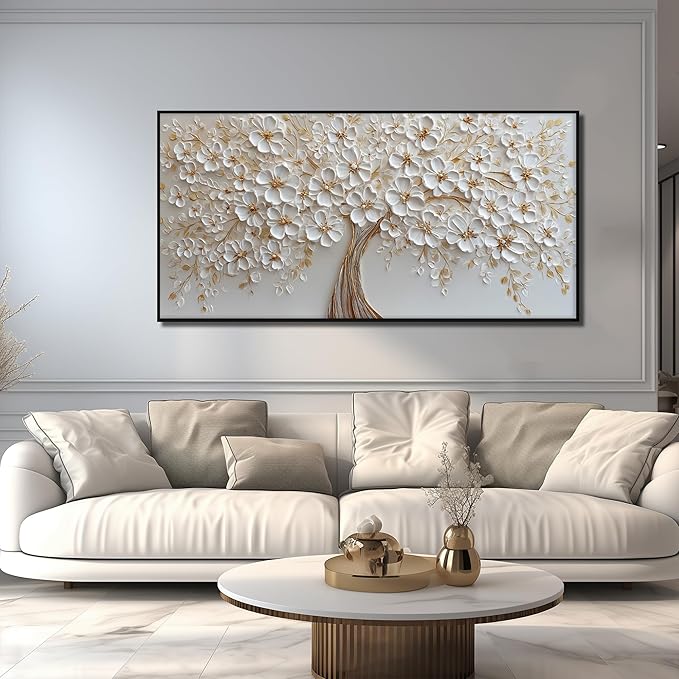 Tree Pictures Wall Decor Dining Room White Flower Canvas Wall Art for Bedroom Women Large Black Framed Wall Art for Living Room 29 x 58 Inch