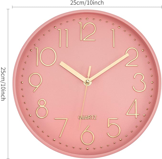 Lumuasky Pink Wall Clock Modern Battery Operated Analog Small Cute Silent Non-Ticking Decorative Clock for School Office Classroom Bedroom Kitchen Living Room Nursery Decor (10 inch)