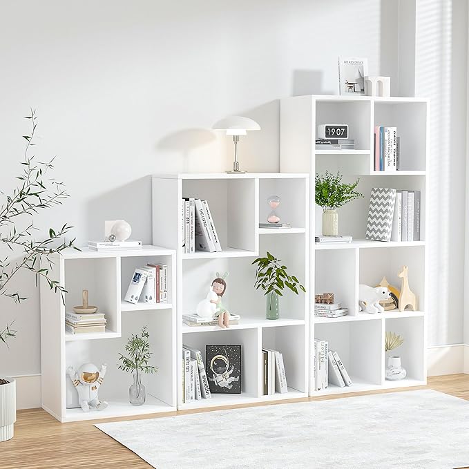 VECELO 42 Inch High Bookcase, 4-Tier Modern Storage Cabinet with Height Difference Shelves for Standard Textbooks, Floor Standing Display, 7 Cubes, Horizontal Avaiable, Easy Assembly, Pearl White