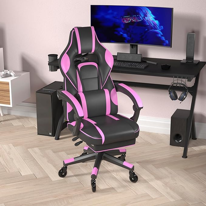 Flash Furniture X40 Gaming Chair Racing Computer Chair with Fully Reclining Back/Arms and Transparent Roller Wheels, Slide-Out Footrest, - Black/Purple