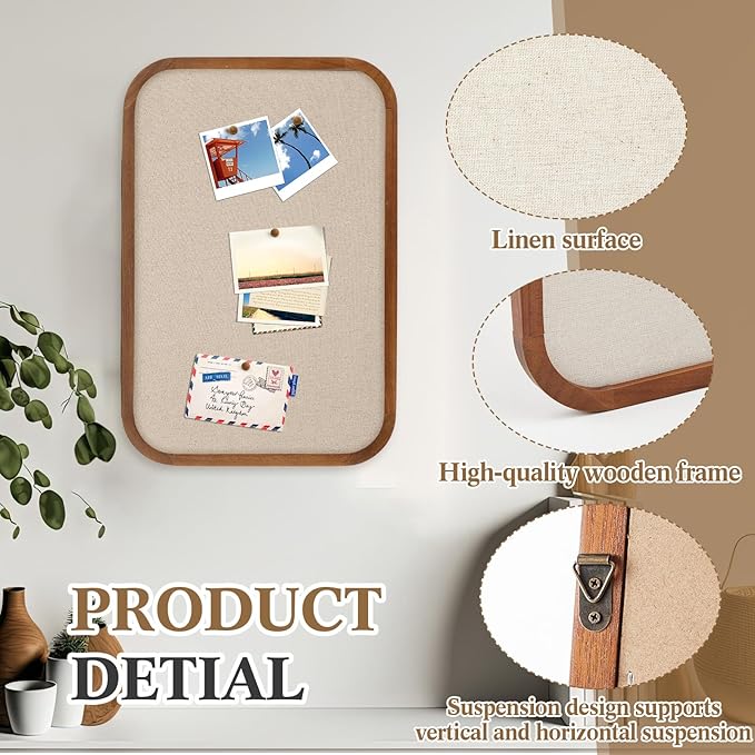 Vintage Framed Pin Board Linen Display Bulletin Board Large Cork Fabric Picture Photo Pinboard Memo Ornate Decorative Pinboard Ornate for Wall Gift(Rectangle,14''x24'',Light Brown)