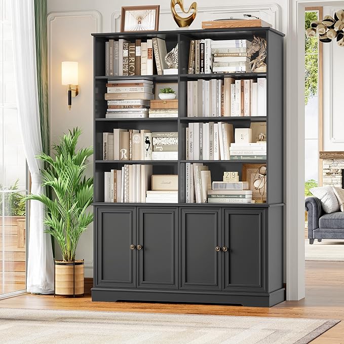 FINETONES 73" Black Bookshelf with Doors, 6 Tier Tall Bookshelf Double Wide Bookcases and Bookshelves with Storage, Large Display Cabinets for Home Office,Living Room, Library