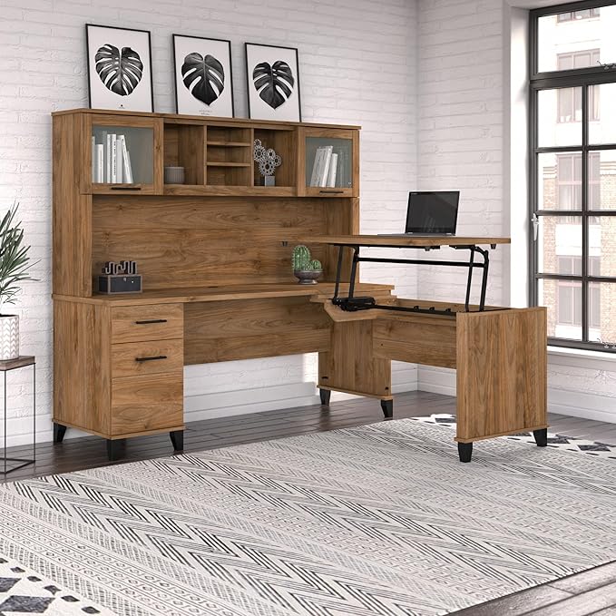 Bush Home Somerset 72W 3 Position Sit to Stand L Shaped Desk with Hutch in Fresh Walnut | Adjustable Height Table for Home Office