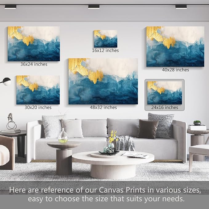 gaosoul Modern Canvas Wall Art Blue Gold Leaf Abstract Painting Prints Minimalism White and Light Blue Tranquility Poster for Living Room Bedroom Office Decor Framed 24x16in