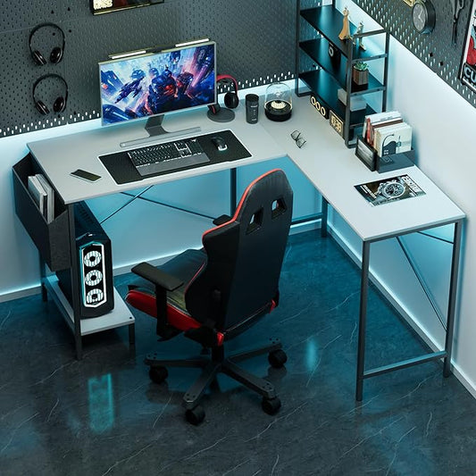 InfiniPower L-Shaped Corner Desk, 50-Inch Reversible Gaming PC Table, Compact Work & Study Station with Metal Frame, CPU Stand, Side Bag