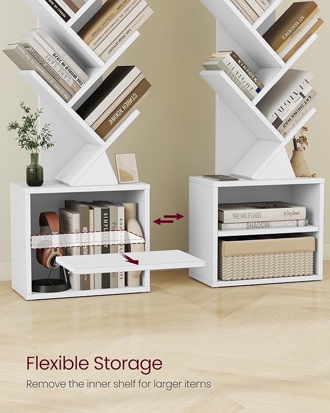 VASAGLE Custos Collection - Tree Bookshelf, Modern Bookcase, Floor Standing Book Shelf, for Bedroom, Living Room, Home Office, 2 Open Compartments, 8 x 15 x 48.5 Inches, Cloud White ULBC607W01