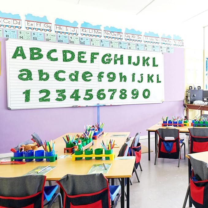 Colarr 216 Pcs Glitter Bulletin Board Letters for Classroom Number Alphabet Punctuation Symbol Cutout 4'' Die-Cut Poster Letter with Adhesive Dot School Party Holiday Decor Display(Green)