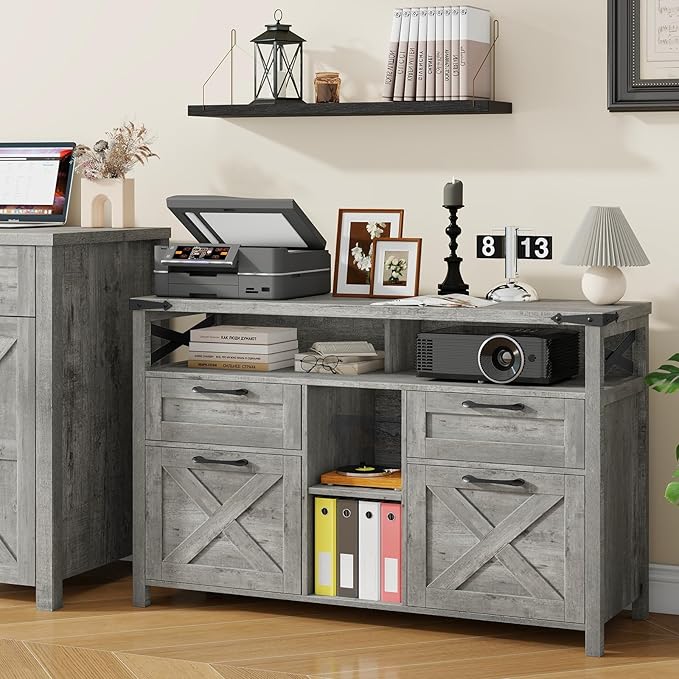 Vabches Farmhouse Filing Cabinet with Adjustable Shelf for Home Office, Lateral File Cabinets 4 Drawers with Open Storage Shelf, Filing Organization Storage Cabinets for Hanging Files Letter/A4.Grey