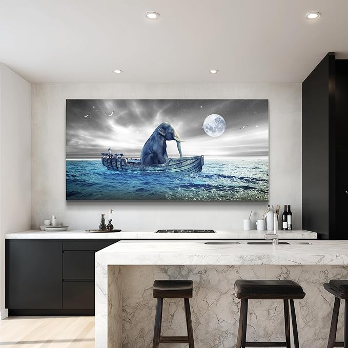 MHARTK66 Abstract Wall Art Large Size Elephant Artwork Wall Decor Stretched Canvas Painting Beach Picture for Living Room Bedroom Office Home Decor Ocean Seascape Poster Ready for Hanging 30"x60"