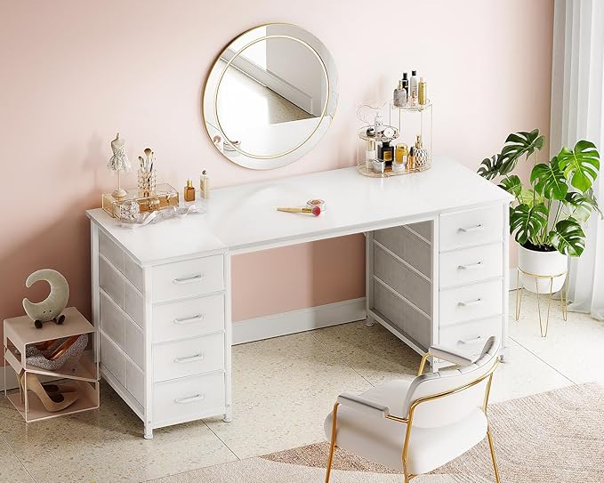 ODK 55 Inch Computer Desk with 8 Fabric Drawers, Modern Office Desk with Large Storage for Home Office, Study, Gaming, White