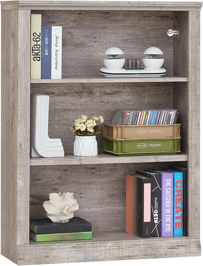 43" Grey Tall Bookshelf,3-Tier Thick Wooden Book Shelf with Adjustable Shelves,Free Standing Farmhouse Bookcase with Open Display Storage,Floor Vintage Bookshelves for Living Room,Office