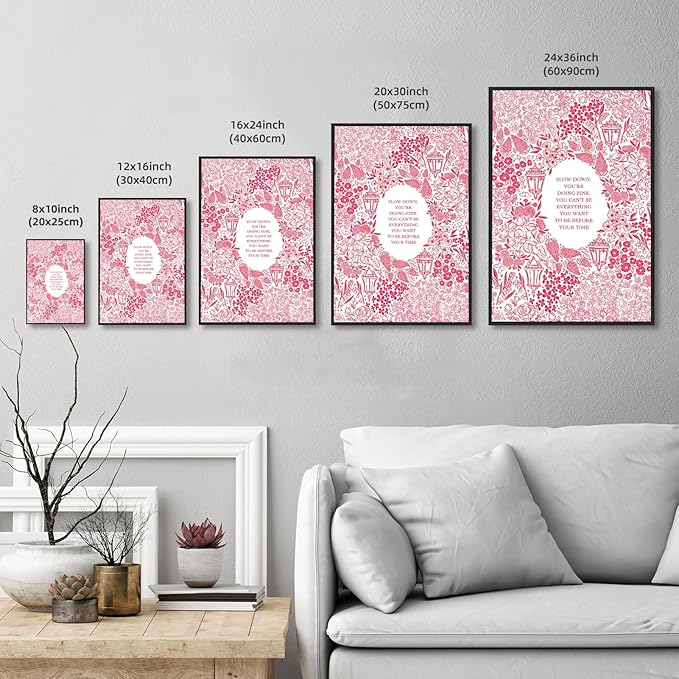 Slow Down You're Doing Fine Music Posters Motivational Quote Pink Wall Art Vintage Floral Positive Daily Reminder Song Lyrics Canvas Print Aesthetic Office Home Decor 16x24inch Aluminum Framed