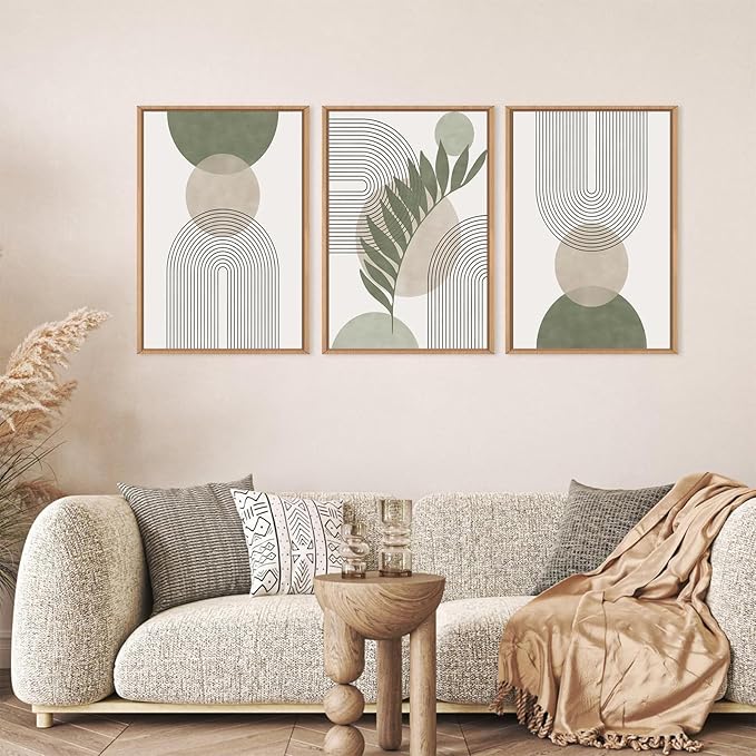 Framed Sage Green Boho Wall Art for Bedroom, Beige and Green 3 Piece Minimalist Artwork for Walls, Geometric Leaf Line Boho Small Paintings Prints for Hallway Kitchen Living Room Wall Decor, 12x16 In