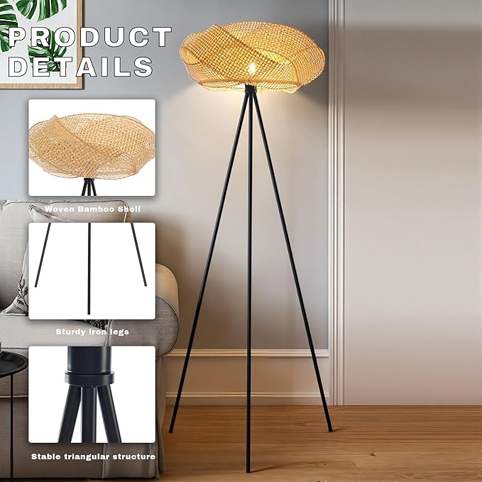 Bamboo Tripod Floor Lamp, Handwoven Lotus Shade Standing Lamp, Boho Natural Woven Light with Black Metal Stand for Living Room Bedroom,Nature