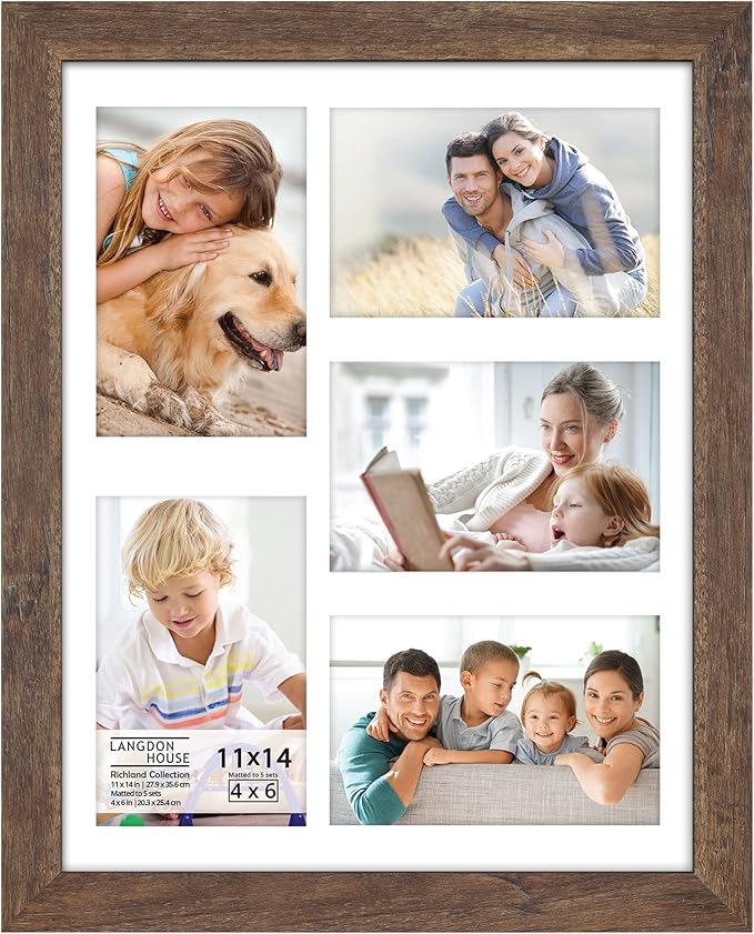 Langdon House 11x14 Rustic Brown Collage Picture Frame w/Mat for 5-4x6 Photos, Woodgrain Style, Wall Mount Only, Richland Collection
