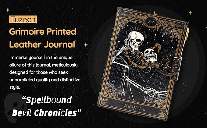 TUZECH Book of Spells Leather Bound Journal Deckle Edge Paper Grimoire Printed Diary Third Eye witchcraft supply and Witch Spell Notebook Antique Vintage Book for Men and Women (The Devil)