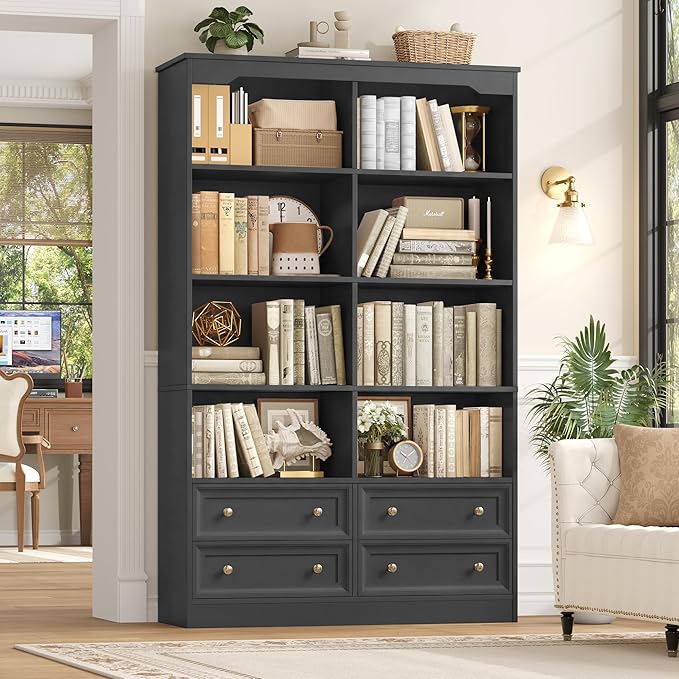 FINETONES 71" Black Bookshelf with 4 Drawers, 6-Tier Double Wide Bookshelves and Bookcases with Storage, Tall Bookshelf Large Open Bookshelves Standing Book Cabinet for Home Office, Black